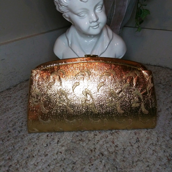 Vintage ER Miami Metallic Gold Embroidered Faux Leather Clasp Top Clutch Purse - Picture 16 of 16
